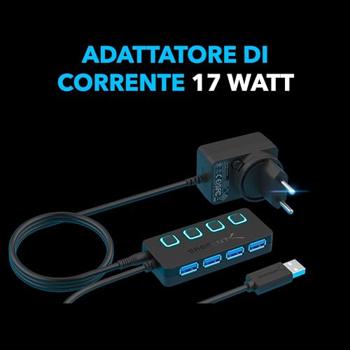 SABRENT USB 3.2 Gen 1 Hub [4 Ports] USB Power Strip Power Strip USB Splitter, Single ON/OFF Switches and LED Lights with Power Supply for PS4/PS5, PC, Laptop, USB Flash Drive (HB-UMP3)