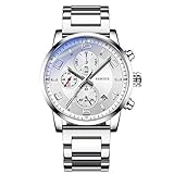 KASHIDUN Men's Watches Luxury Sports Casual Quartz Wristwatches Waterproof Chronograph Calendar Date Stainless Steel Band Black Color (G Silver White)