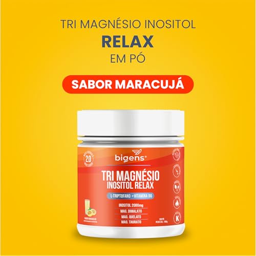 Bigens Tri Magnésio (Dimalato, Quelato, Taurato) Inositol Relax, Triptofano, B6, Sabor Maracujá, Kit 2x 180g