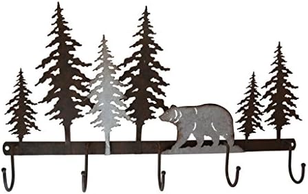 Pine Ridge Wall Art with 5 Hanging Hooks Bear Metal Home Decor - Western Decorative Metal Heavy Duty Wall Mount Hooks for Home, Kitchen and Bathroom