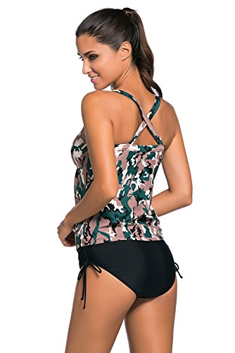 Women's Camouflage Print 2pcs Tankini Swimsuit Triangular Briefs ((US 14-16)XL, Dark Camouflage)