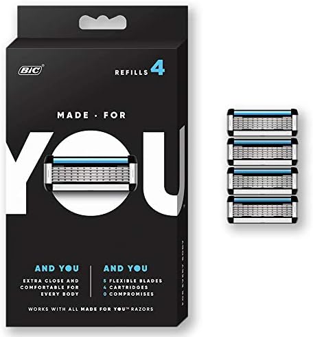 Made for YOU by BIC Shaving Razor Blades for Men and Women, 4-Count - Refill Cartridges with 5 Blades for a Close Shave with Aloe Vera and Vitamin E for Smooth Glide