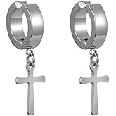 Gold Silver Cross Clip On Earrings Drop Dangle Set for Women Men Cross Titanium Steel Hoop Dangle-Silver
