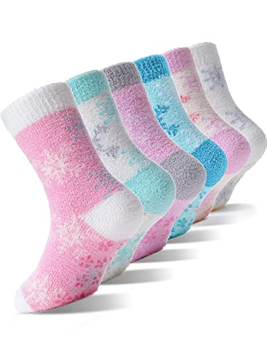 EBMORE Girls Kids Toddler Fuzzy Socks with Grips Non Slip Slipper Socks Crew Cabin Cozy Fluffy Warm Winter Socks 6 Pairs