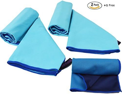 Microfiber Sports and Travel Towel (2 pack) +1 free cooling towel - Best for Camping, Gym, Beach, Swimming, Yoga, Pilates, Travel - Lightweight and Quick Dry (15# Body and 18# Border)
