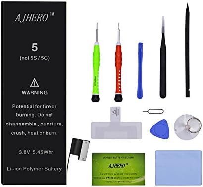 AJHERO iPhone 5 Battery Replacement New Zero Cycle 3.8V 1440 mAh Li-ion with Complete Repair Tool Kits and Instruction 24 Months Warranty