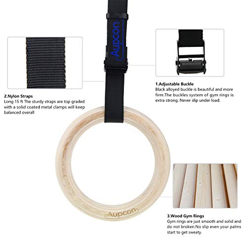 image for AUPCON Wooden Gymnastics Rings with Heavy Duty Adjustable Straps - Oly