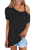 Annflat Women's Cold Shoulder Short Sleeve Shirts Asymmetrical Hem Loose Fit Tunic Tops