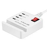 4-Port USB Charger, Multiport Desktop Charging Station by Aropey with Cell Phone Stand for iPhone, iPad, Samsung, Tablets and Other USB-Charged Devices (White) (usb charger)