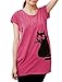 Allegra K Lady Round Neck Short Sleeve Cat Prints Loose Tunic Top M Fuchsia
