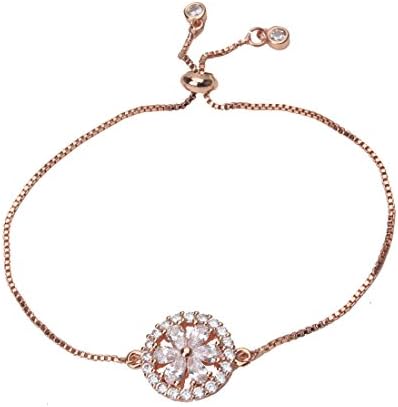 MEIBEADS Shiny Zircon Flower Charm for Women Micro CZ Stones Adjustable Chain Wedding Bracelets(Rose Gold)
