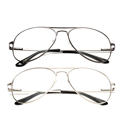 Newbee Fashion - 2 Pack & 3 Pack Clear Lens Aviator Glasses Classic Metal Frame with Spring Hinge for Men and Women Clear Lens Glasses