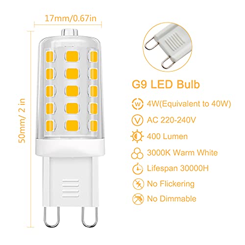 Anmossi G9 LED Lampen,3000K,Warmweiss,4W LED Glühbirne,Ersatz für 40W Halogenlampen,400 Lumen,360° Abstrahlwinkel, AC 220-240V,Nicht Dimmable,5er Pack