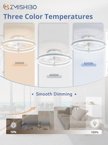 Low Profile Ceiling Fans with Lights and Remote, 19.7'' Modern Flush Mount Ceiling Fan, Dimmable LED Small Fan Light, 6 Speeds, Fandelier Fans with LED Light for Bedroom, White