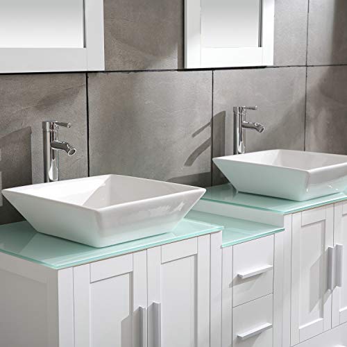 60" Bathroom Vanity Cabinet with Double Sink Combo Glass Top White MDF Wood w/Mirror Faucet Drain Set