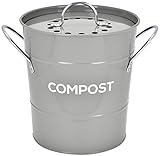 Spigo Indoor Kitchen Compost BIN, Great for Food Scraps, Includes Charcoal Filter for Odor Absorbing, Removable Clean Plastic Bucket, Handles, Durable Stainless Retro Design, 1 Gallon, Grey