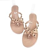 Luobote Women Stud Flat Flip-Flops Rivet Bow Sandals Beach Jelly Slip On Thong Shoe Nude
