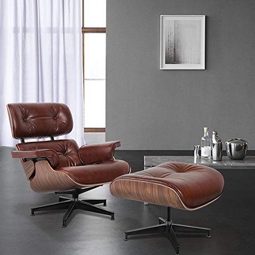 Aniline Leather Lounge Chair with Ottoman, Mid Century Recliner Replica with 8Layer Solid Wood