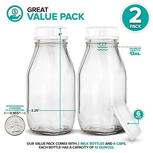 Glass Milk Bottles (2 Pack) 12Ounce Glass Milk Jars 6 Tamper Proof