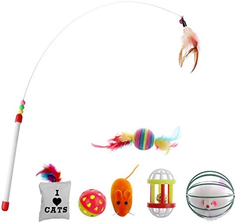 Aigou Cat Toys Pack, 7 Pieces Cat Toys Variety Pack Cat Wand Catnip Pillow Bell Ball Toy Mouse Toy Ball with Feather for Kitty Cat