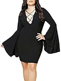 Lalagen Women's Sexy Bell Long Sleeve Lace Up Plus Size Party Mini Dress