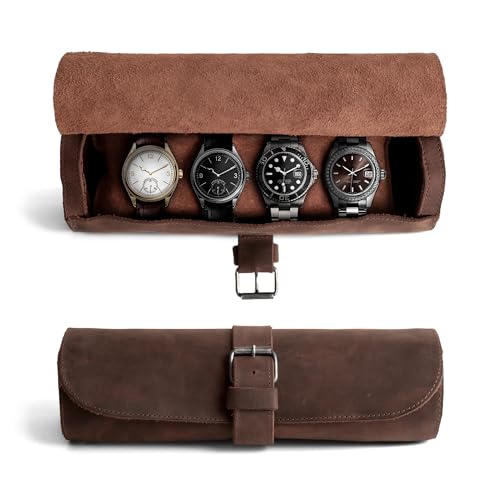 Hide & Drink, Cylinder Watch Case, Holds 4 Watches, Storage Box, Jewelry Roll Organizer, Travel Accessories, Full Grain Leather, Handmade, Bourbon Brown