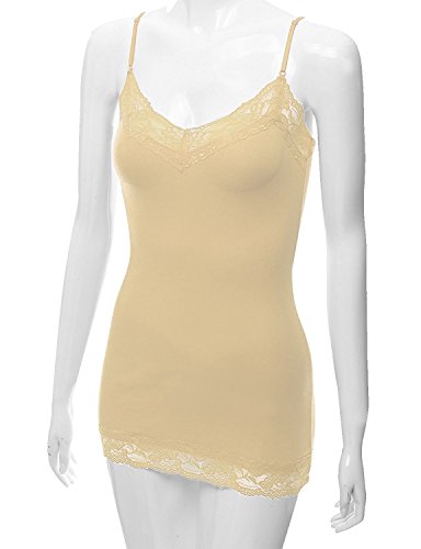 RT1004 Ladies Adjustable Spaghetti Strap Lace Trim Long Tunic Cami Tank Top Taupe S - Thumbnail 3