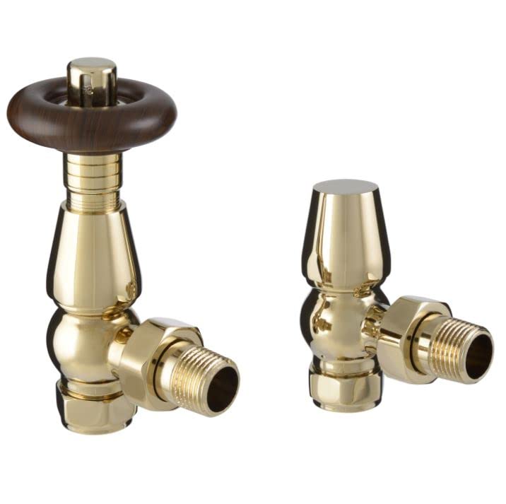 Excel Home Thermostatic Radiator Valves - Traditional Design 1/2" x 15mm Metal Head Radiator Valves - Angled Polished Brass