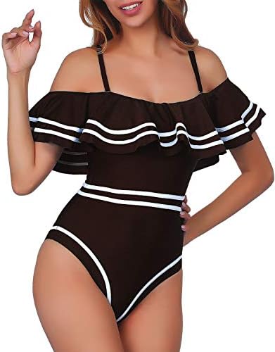 Elegant Taste Women 1 Piece Vintage Navy Ruched Flounce Off Shoulder Swimwear High Waisted Swimsuit Monokini
