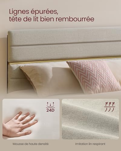 Lit Double, Cadre de Lit, Convient pour Un Matelas de 160 x 200 cm, Tête de Lit Rembourrée Ajustable, en Métal, Bois Massif, Moderne, Beige Cappuccino RMB505LH01