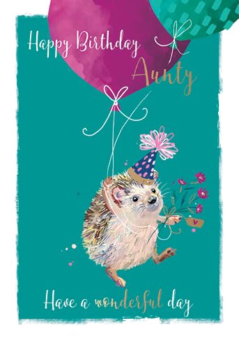 Ling Design Artistic Birthday Greeting Card - 'Happy Birthday Aunty' - Adorable Hedgehog and Balloon Illustration - With a Gold Foil Finish