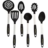 Stainless Steel & Silicone Cooking Utensil Set - Heat Resistant Professional Kitchen Tools - Spatula, Mixing & Slotted Spoon, Ladle, Pasta Fork Server, Drainer - Bonus Ebook! (Black)
