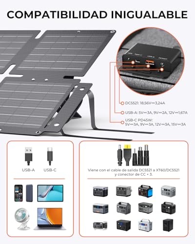 BigBlue Cargador Solar Plegable de 60W, ETFE Panel Solar Portátil QC3.0+PD45W+Salida de CC de 22,2V 【IP68 Resistente al Agua y Soporte】 para acampada, Compatible con Celular Tableta Generador Solar