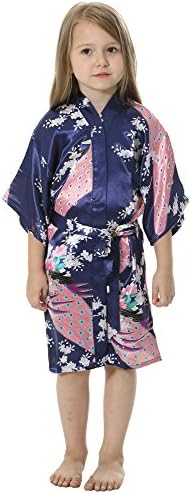 JOYTTON Girls' Satin Kimono Peacock Flower Robe for Spa Party Wedding Birthday