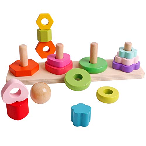Wooden Four Column Tower Rainbow Stacker Stacking Ring Game Toddler