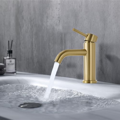 DETBOM Gold Basin Mixer Tap, Adjustable Hot and Cold Washbasin Tap, Stainless Steel, Removable Aerator, Lead Free, Brushed Gold