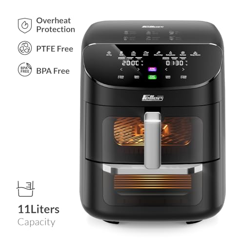 Feller Germany 1850W Air Fryer, 11L XL Capacity, Dual Zone + Sync Finish, 8 Presets, Pizza Stone, 360° Rapid Air Tech, Bake, Reheat, Dehydrate, Non-Stick, Touch Panel, 2Y Guarantee AFR1100 UAE (Black)