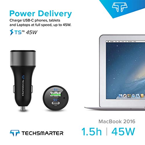 Techsmarter USB C Car Charger, 63W Car Adapter with 45W Power Delivery and 18W TS+ Fast Charge USB Ports. Compatible with MacBook, Spectre, XPS, Chromebook, iPad, Samsung, iPhone - Thumbnail 2