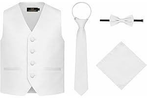 Oliver George Boy's 4-Piece Solid Formal Suit Vest Set, Zipper Tie, Clip-On Bow Tie & Pocket Square Kids Vest Set