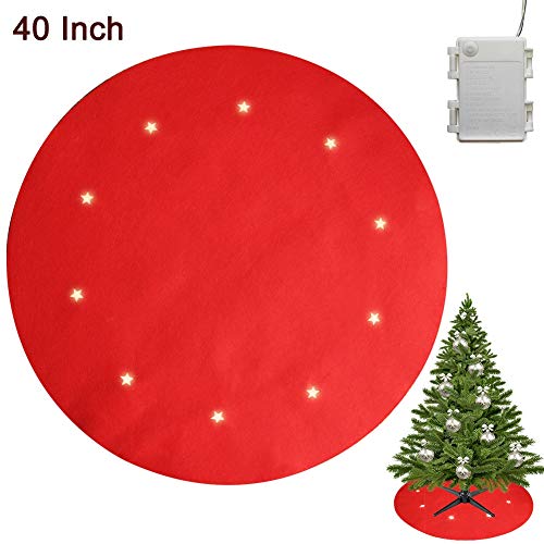 Juegoal Reversible Christmas Tree Stand Mat with 10 LED Star Lights Battery Operated, 8 Lighting Modes Christmas Tree Floor Protector, 40 Inches Light Up Xmas Tree Pad Holiday Party Decorations, Red
