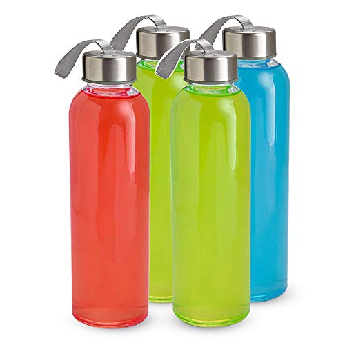Kitchen Lux Glass Water Bottles 18oz â€“ Nylon Protective Sleeves, Airtight Screw Top Lids, Portable Carrying Loops - Lead, PVC and BPA Free - Water, Smoothie, Juicer and Beverage Glasses (4 Pack)