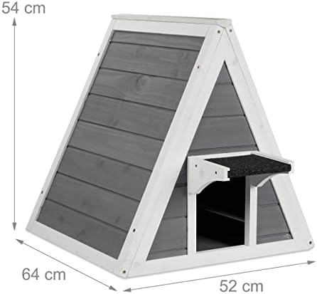 Niche pour Chats, résistante aux intempéries, Bois, HxLxP: 54 x 52 x 64 cm, 2 entrées, Toit Pointu, Gris/Blanc