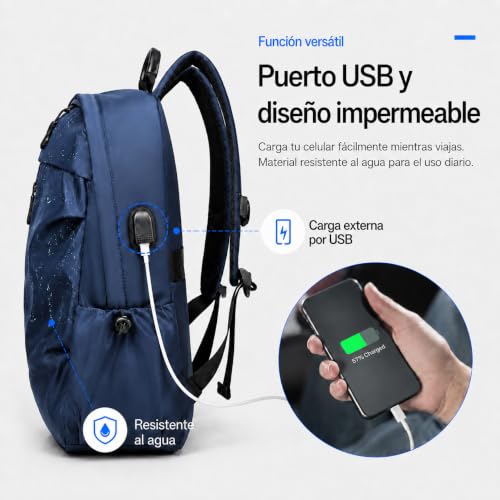 Mochila Impermeable 35L para Hombre con Puerto USB y Compartimento para Laptop 16", Ligera y Ajustable para Viaje | Múltiples Bolsillos, Ideal para Trabajo, Universidad y Uso Diario