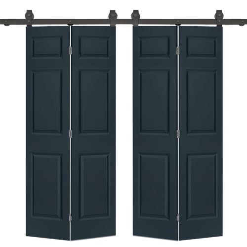 48 in. x 84 in. Hollow Core 6 Panel Charcoal Gray Painted MDF Composite Double Bi-Fold Barn Door with Sliding Hardware Kit