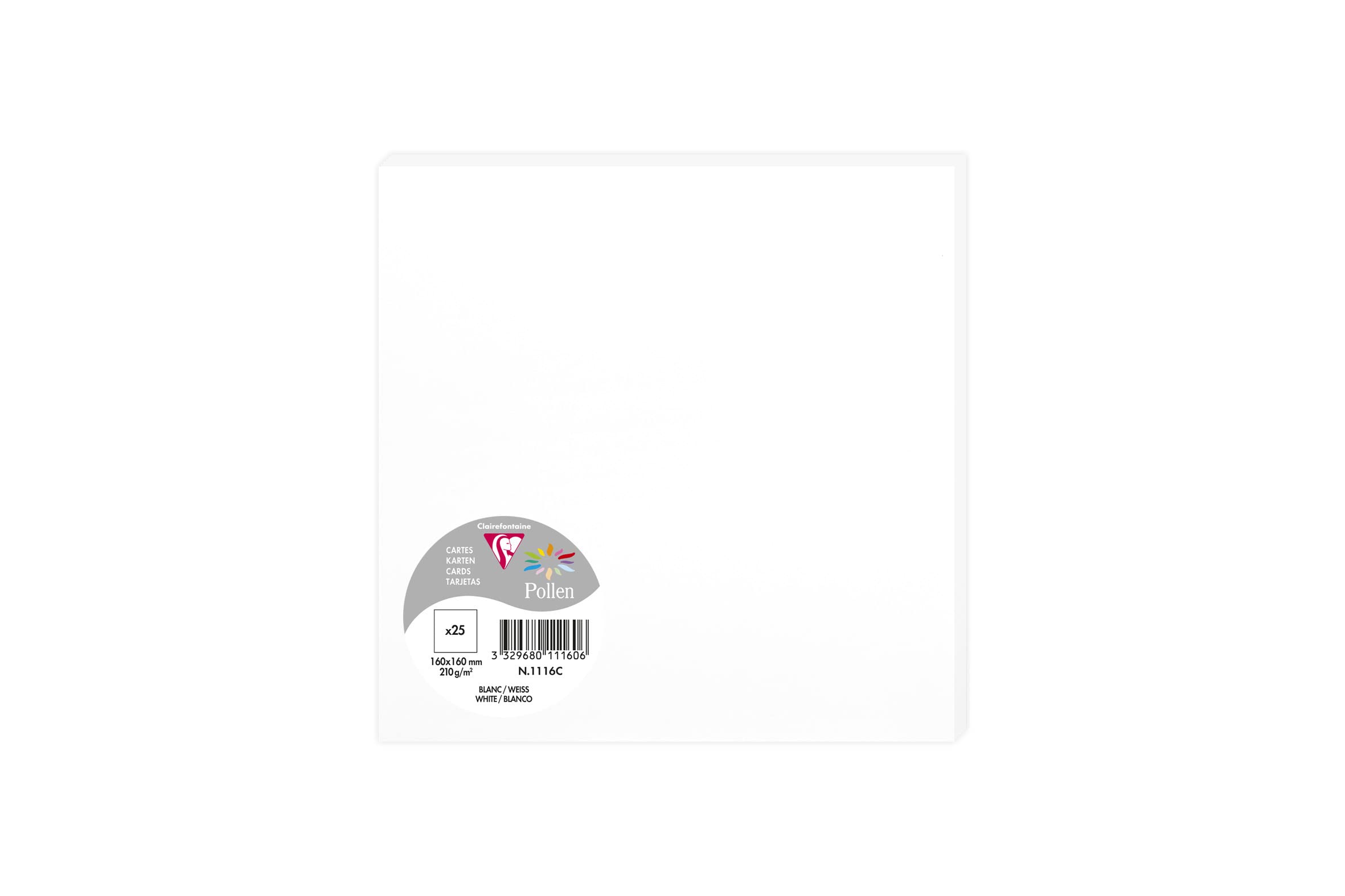 Clairefontaine 1116C Pack of 25 Plain Cards - Square 16x16cm - 210gsm - White - Events Correspondence Invitation Cards - Pollen range - Smooth Premium Paper