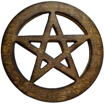 Wood Carved Circle Pentacle of Earth Power Meditation Altar Tile 4" Round