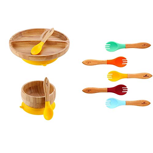 Avanchy Baby Toddler Feeding Bamboo Plate + Bowl + Forks + Spoons - Stay Put Suction Divided Plates. Gift Set Yellow