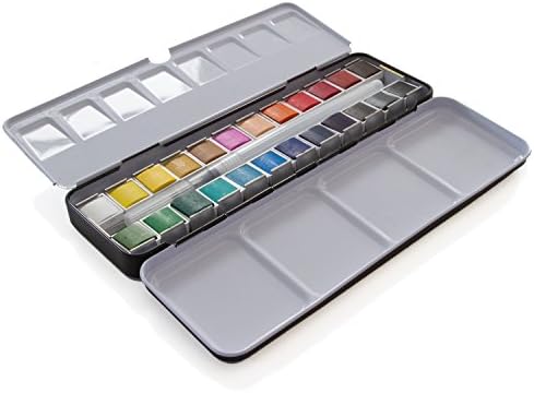 AQUAnaut WaterColors - 24 Color Half-pans - Large 8ml Refillable Water Brush - Metal Tin And Palette In a Durable Travel Design