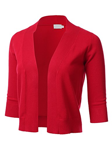 FLORIA Womens Classic 3/4 Sleeve Open Front Cropped Cardigan RED L