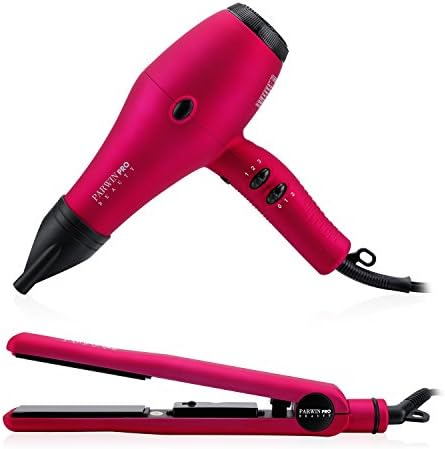 PARWIN BEAUTY Professional Styling Set - Diamond Tourmaline Ceramic Floating Plate Flat Iron, and 1875W Negative Ion Powerful Hair Dryer, Pink